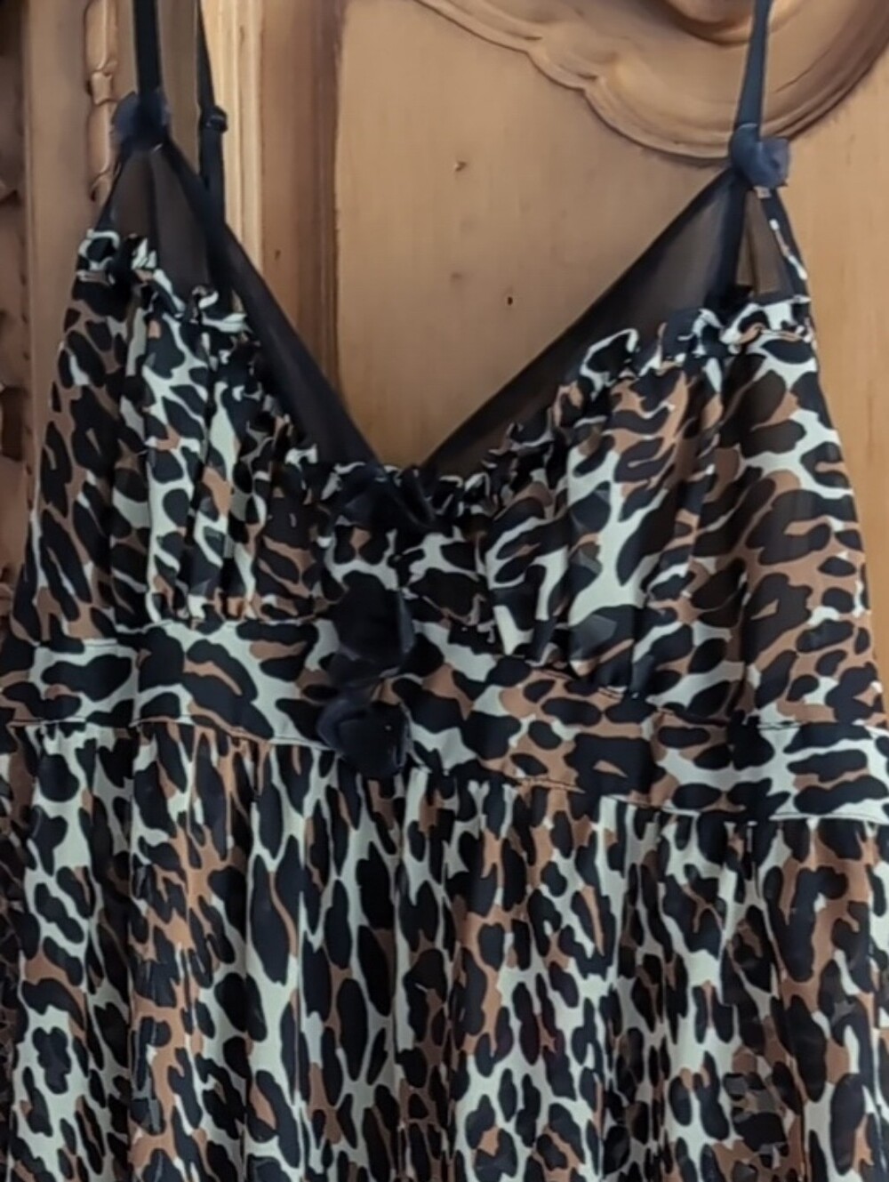Betsy Johnson Leopard Print Ruffle Hem Slip Nightie - Brown & Black& Cream